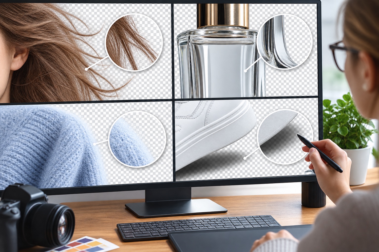 Close review of hair glass fabric and shadow edges on transparent backgrounds