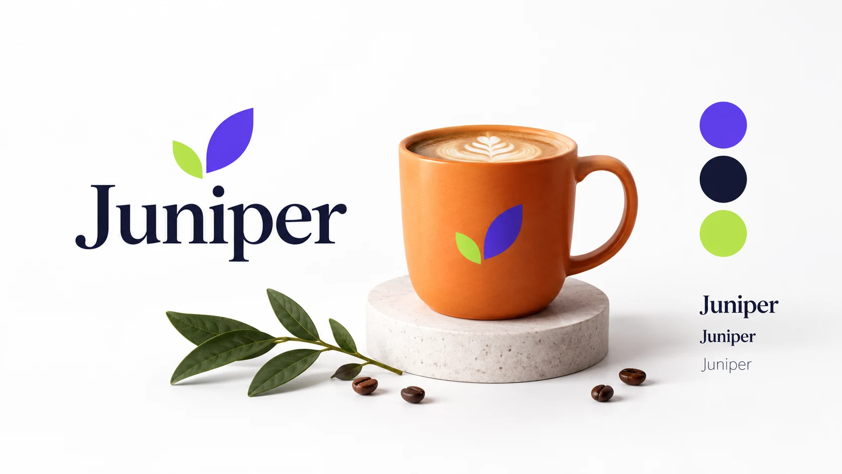 Conceptual visual brief board with coffee imagery, a leaf shape, color swatches, and type samples
