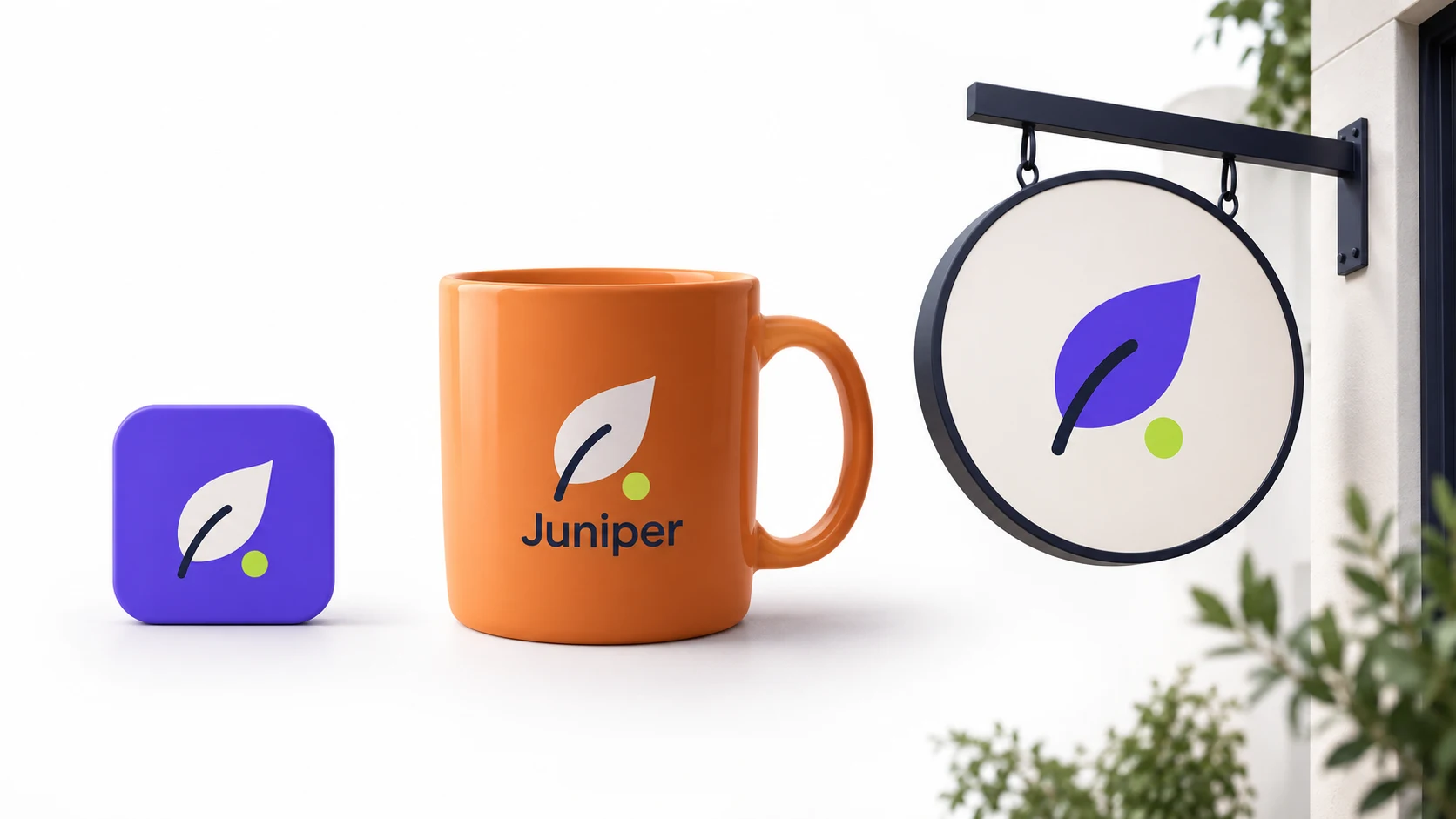 Illustrative leaf identity shown on a small profile tile, coffee cup, and shop sign