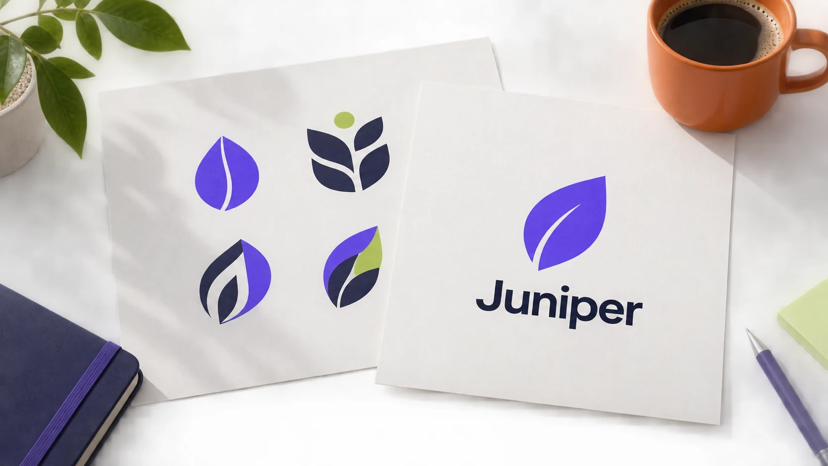 Illustrated exploration sheets for a fictional Juniper coffee business with simple leaf logo concepts