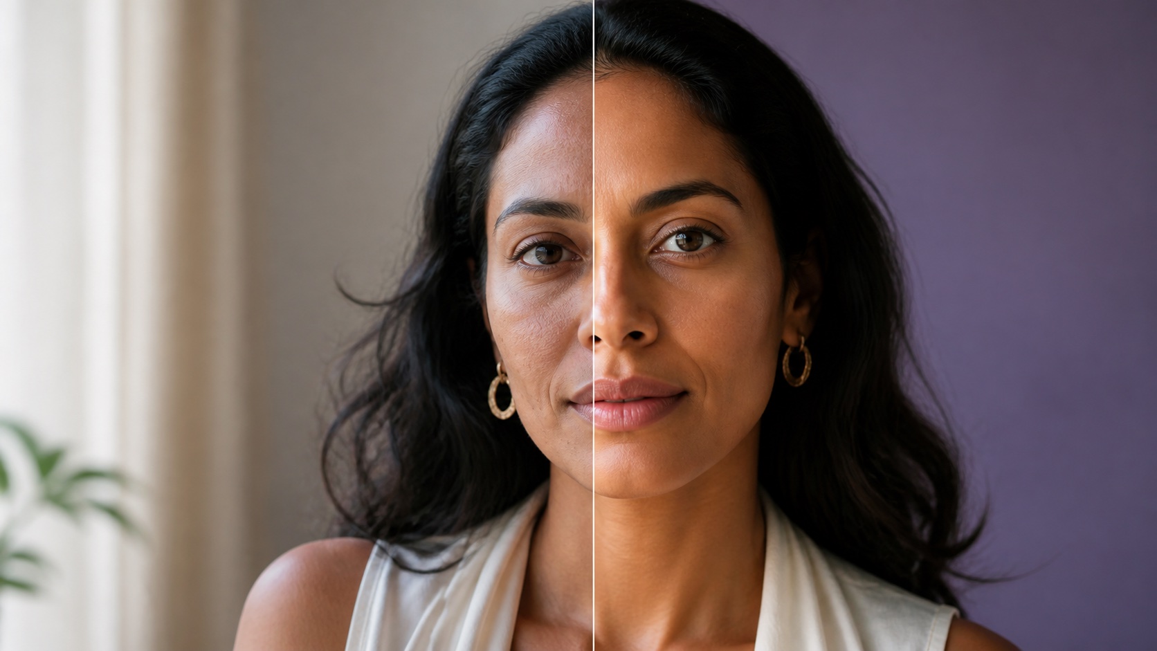 Portrait comparison demonstrating a natural AI photo retouching result