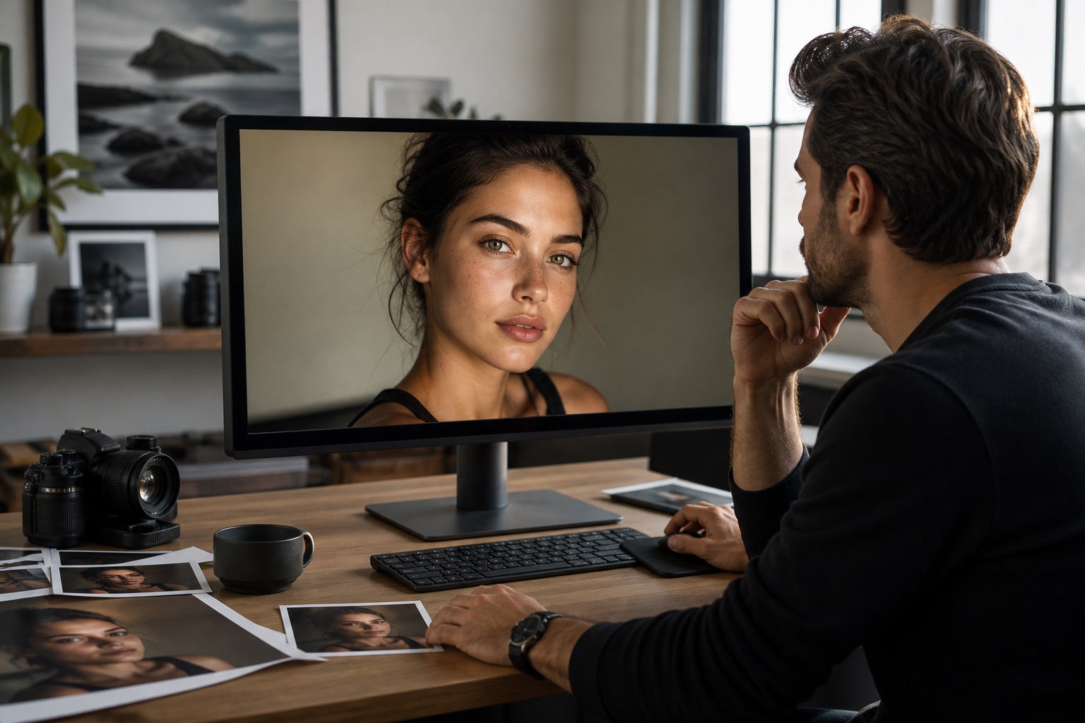 Portrait being reviewed under soft neutral lighting before AI editing