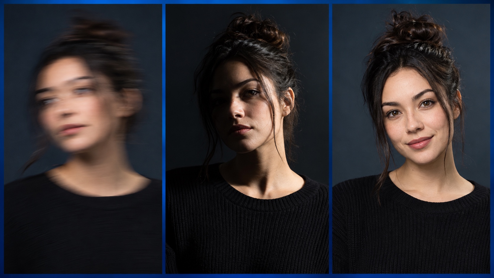 Portrait examples comparing motion blur, harsh shadow, and clear even lighting