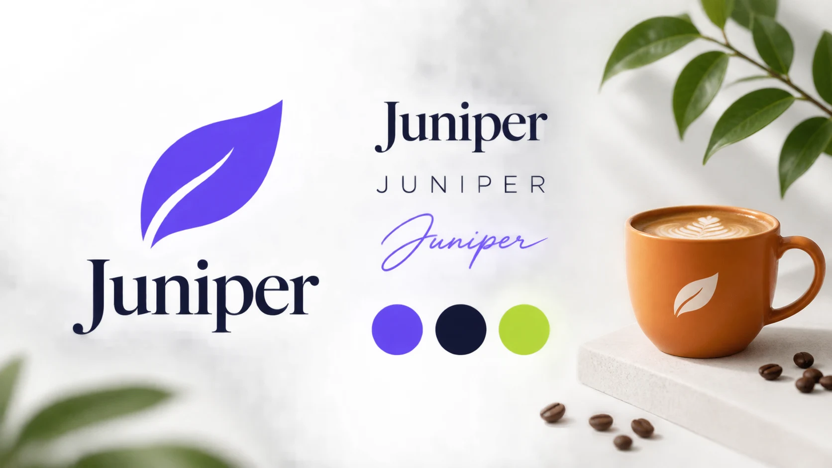 Illustrative identity board with a leaf logo, violet and ink palette, and simple typography samples