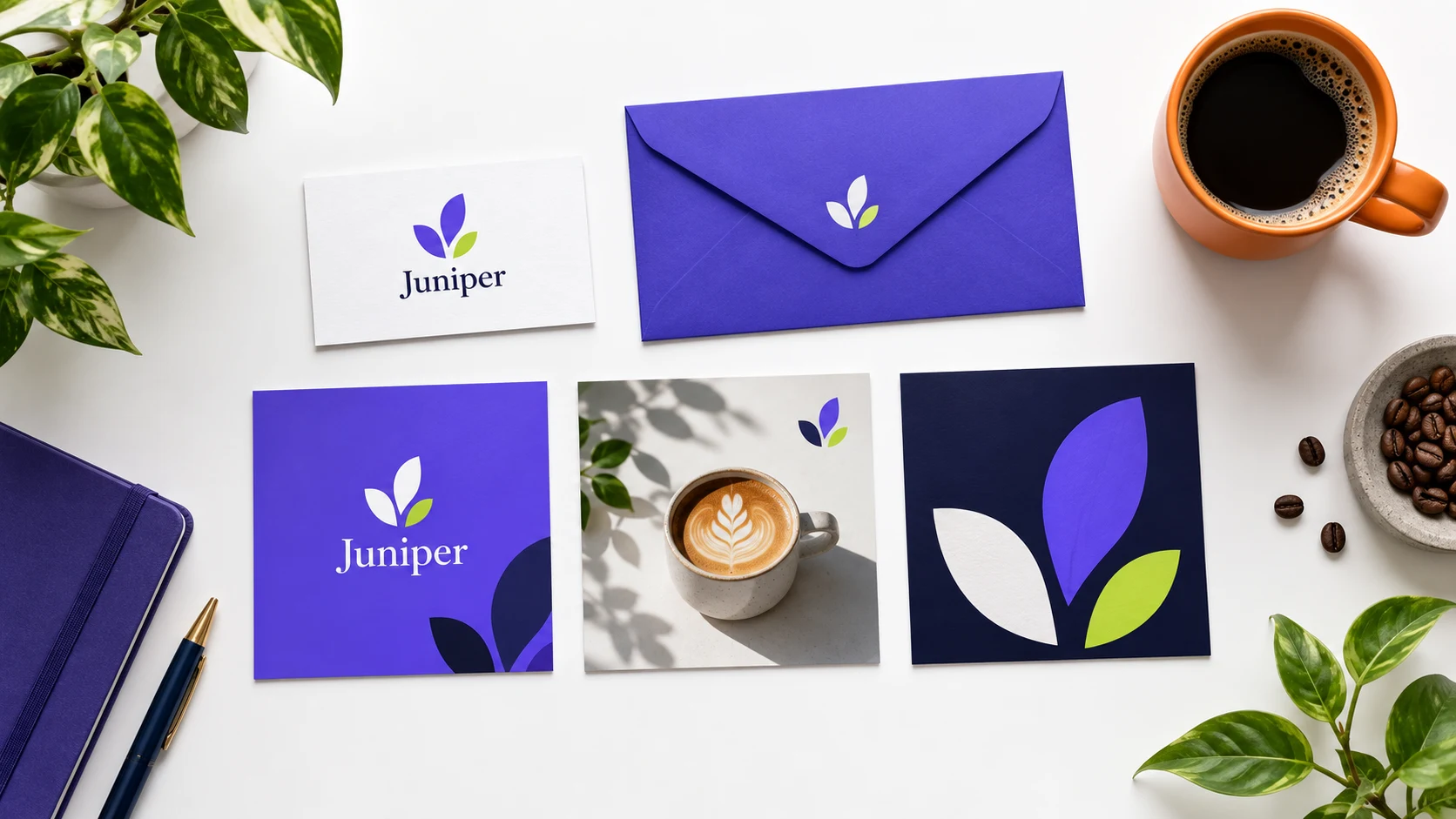 Conceptual launch collection with business card, envelope, and coordinated social post layouts