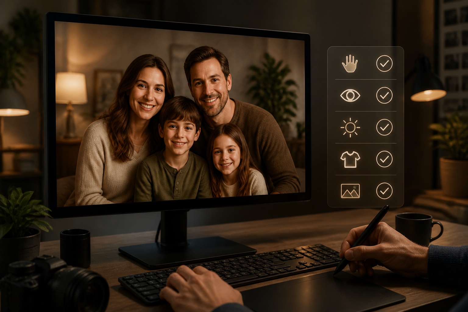 Family portrait composite being checked for identity consent and realistic details