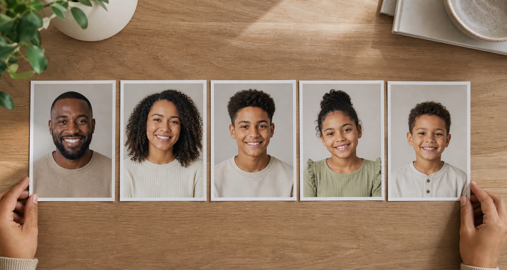 Individual family headshots arranged with similar eye level, light and background