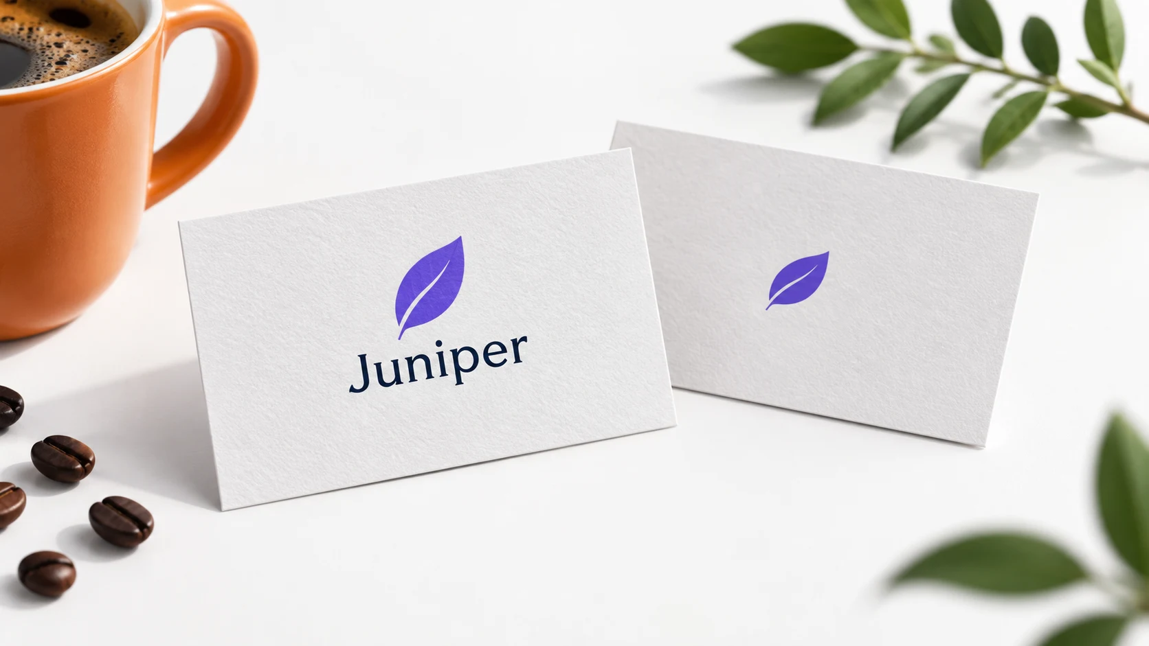 Close conceptual business-card mockup with a simple leaf identity and generous surrounding space