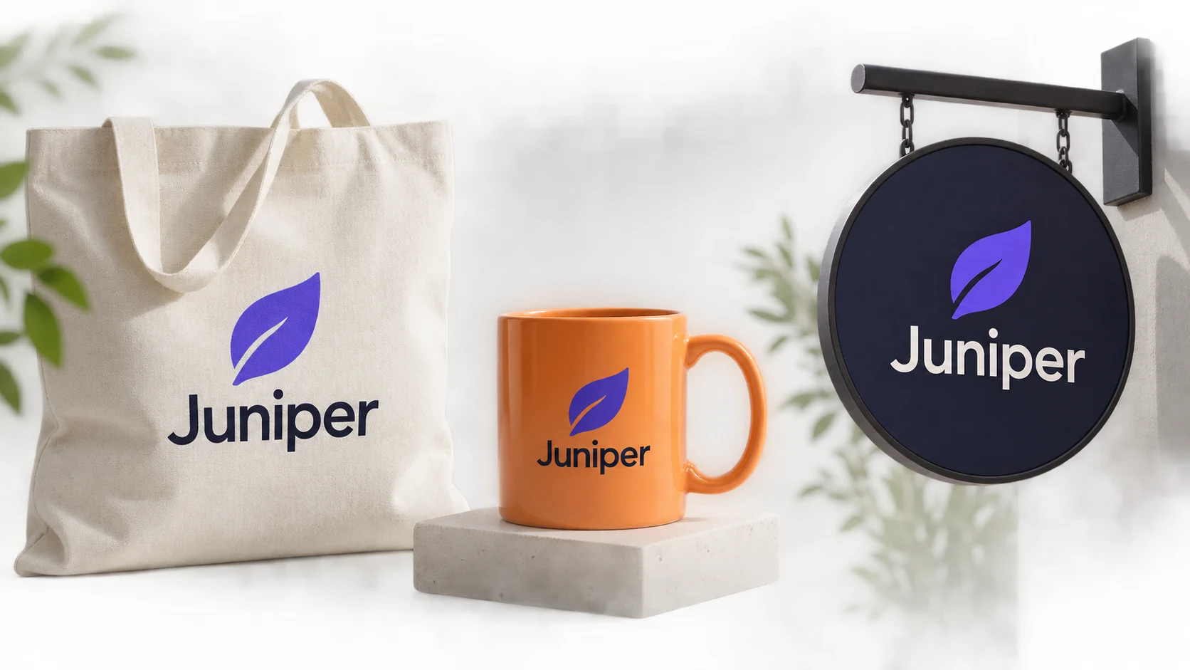 Illustrative Juniper logo mockups on a tote, mug, and shop sign