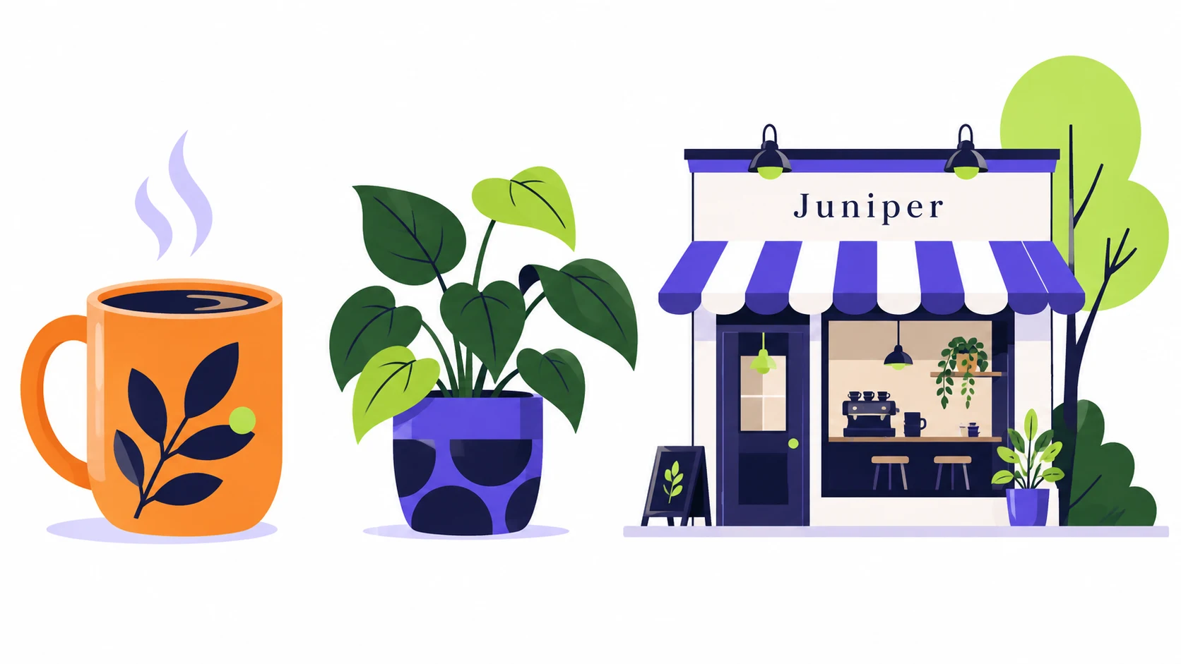 Three coordinated flat illustrations of a mug, plant, and storefront using violet, ink, and lime