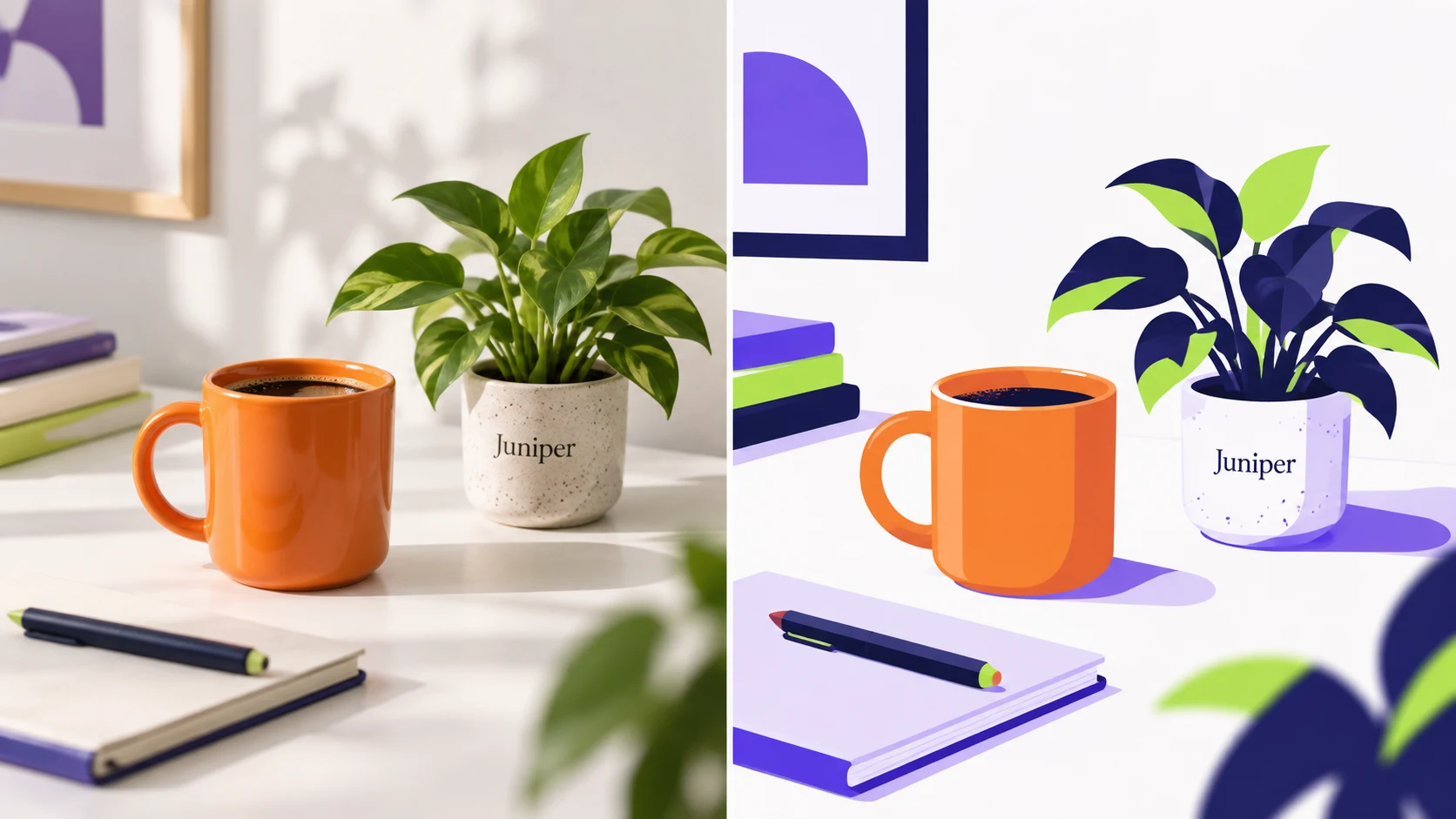Conceptual comparison of a photographed cup and plant scene with a simplified flat illustration
