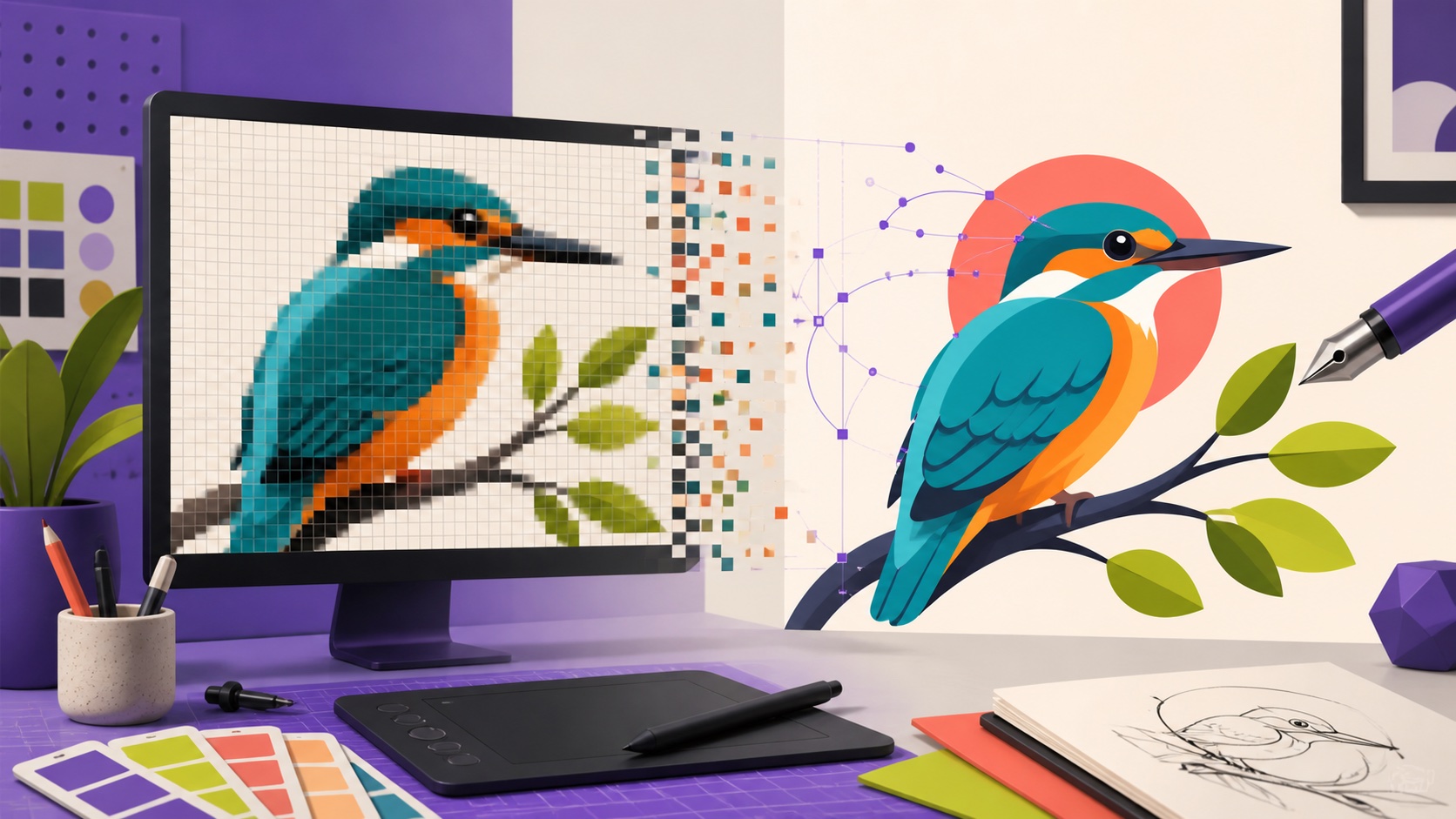 Pixel artwork transforming into clean scalable vector shapes for a PNG versus SVG file format guide