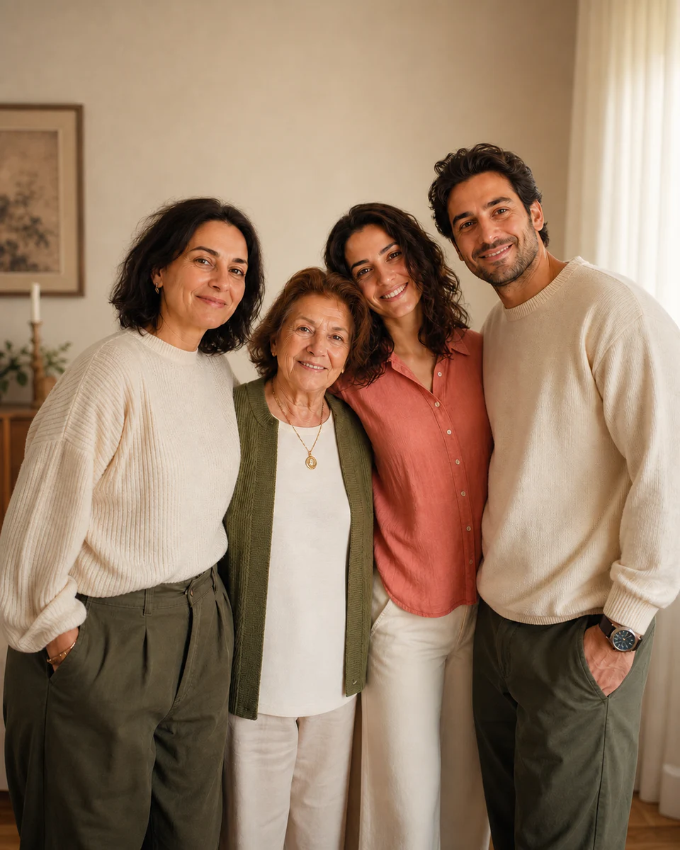 Natural cohesive AI family portrait created from separate source photos